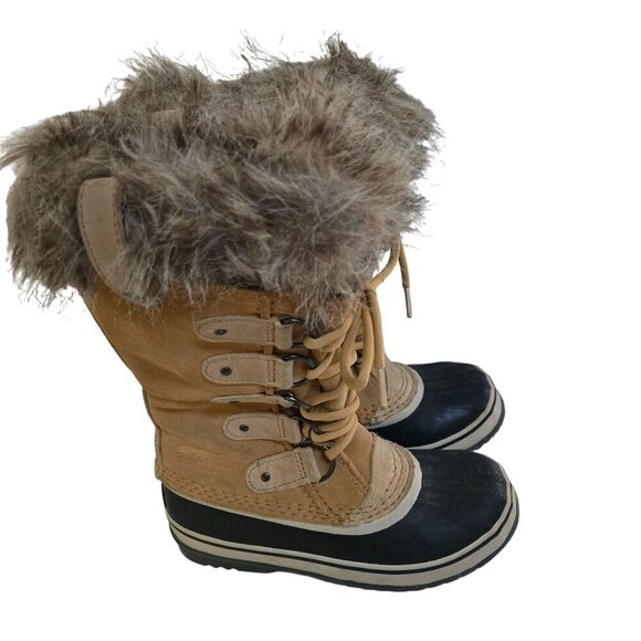 Sorel Joan Of Arctic Beige Suede Lace Up Faux Fur Lined Mid Calf Boots Size 6 - Picture 1 of 8
